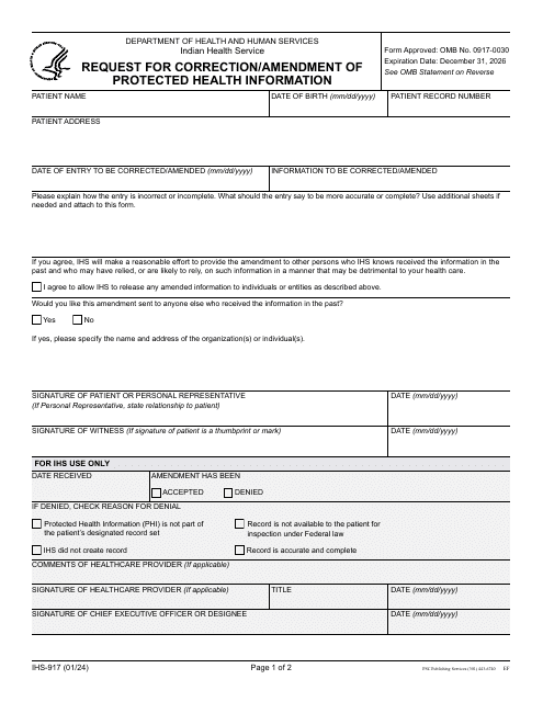 Form IHS-917 Request for Correction/Amendment of Protected Health Information
