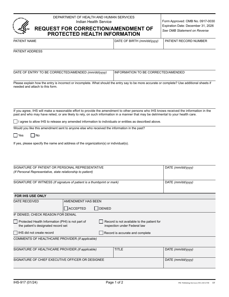 Form IHS-917 Request for Correction / Amendment of Protected Health Information, Page 1