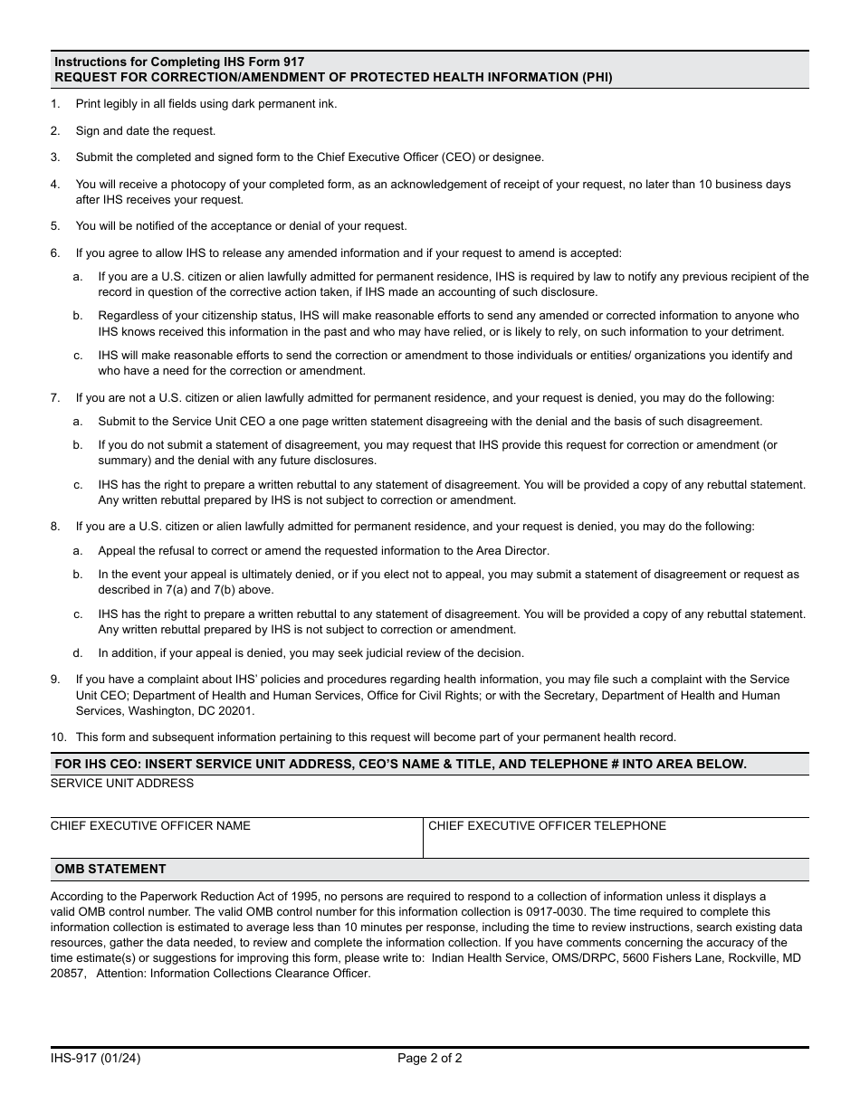 Form IHS-917 Request for Correction / Amendment of Protected Health Information, Page 2