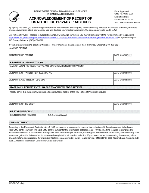 Form IHS-982 Acknowledgement of Receipt of Ihs Notice of Privacy Practices