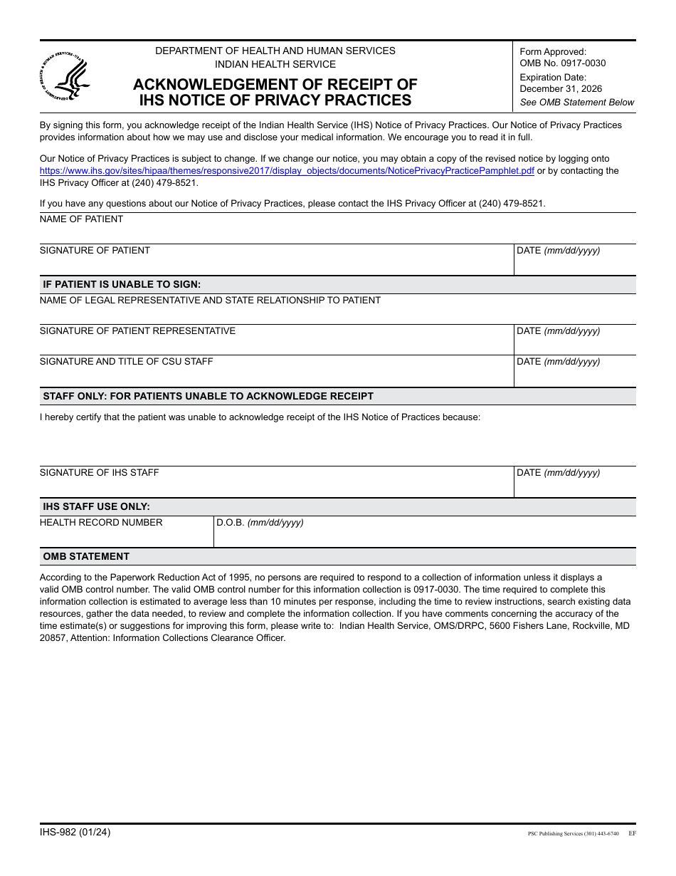Form IHS-982 Acknowledgement of Receipt of Ihs Notice of Privacy Practices, Page 1
