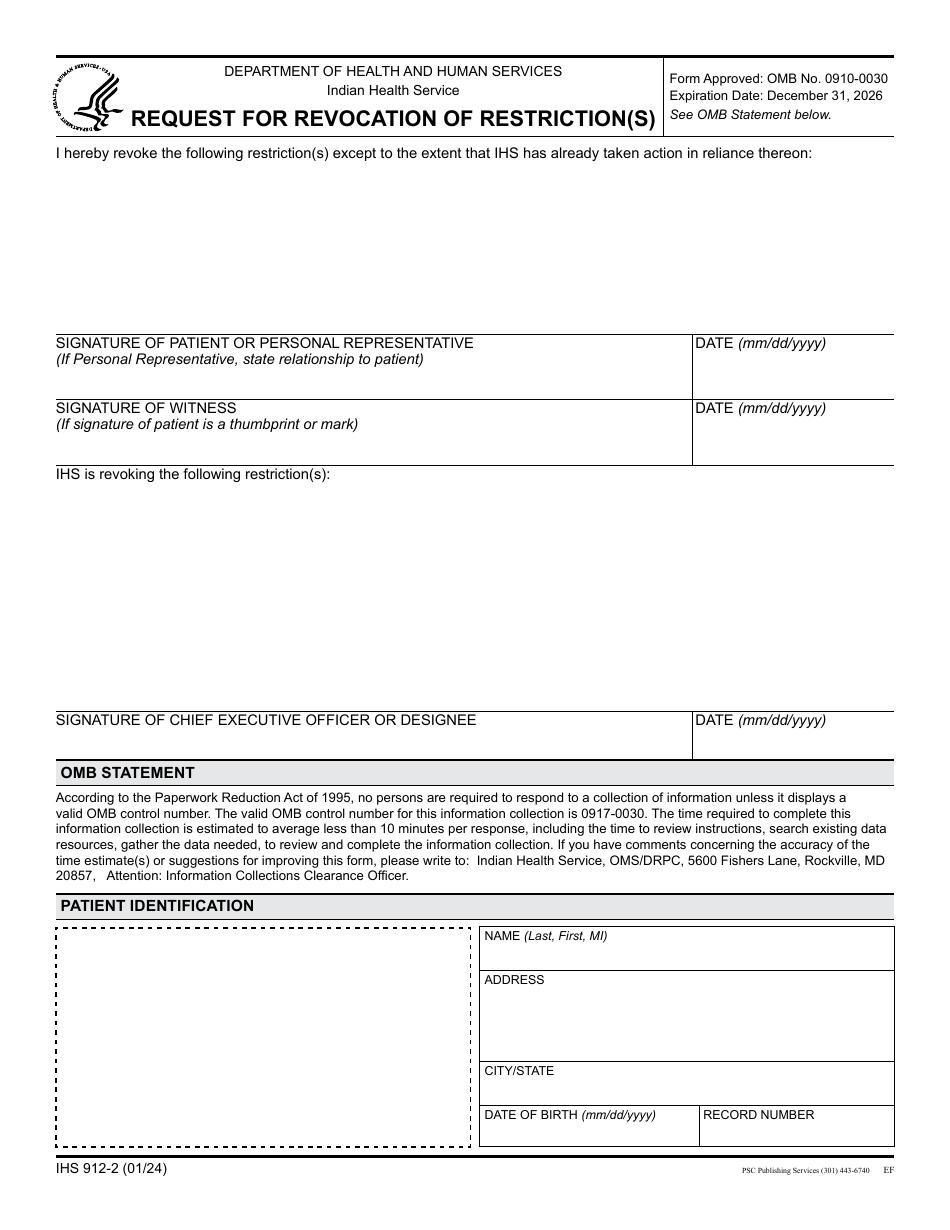 Form IHS-912-2 Request for Revocation of Restriction(S), Page 1
