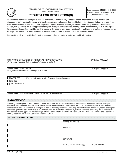 Form IHS-912-1 Request for Restriction(S)