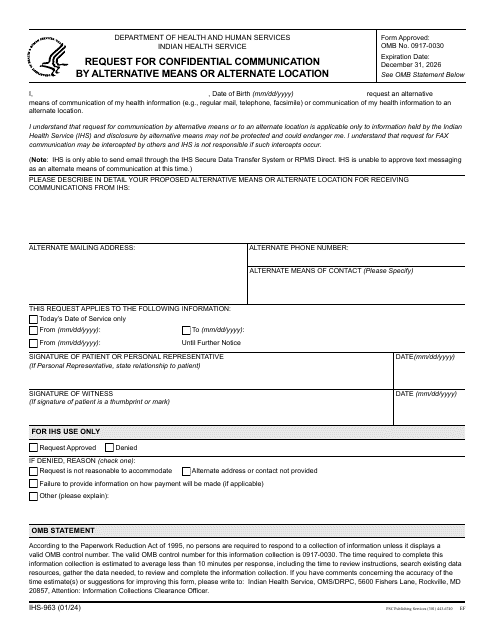 Form IHS-963 Request for Confidential Communication by Alternative Means or Alternate Location