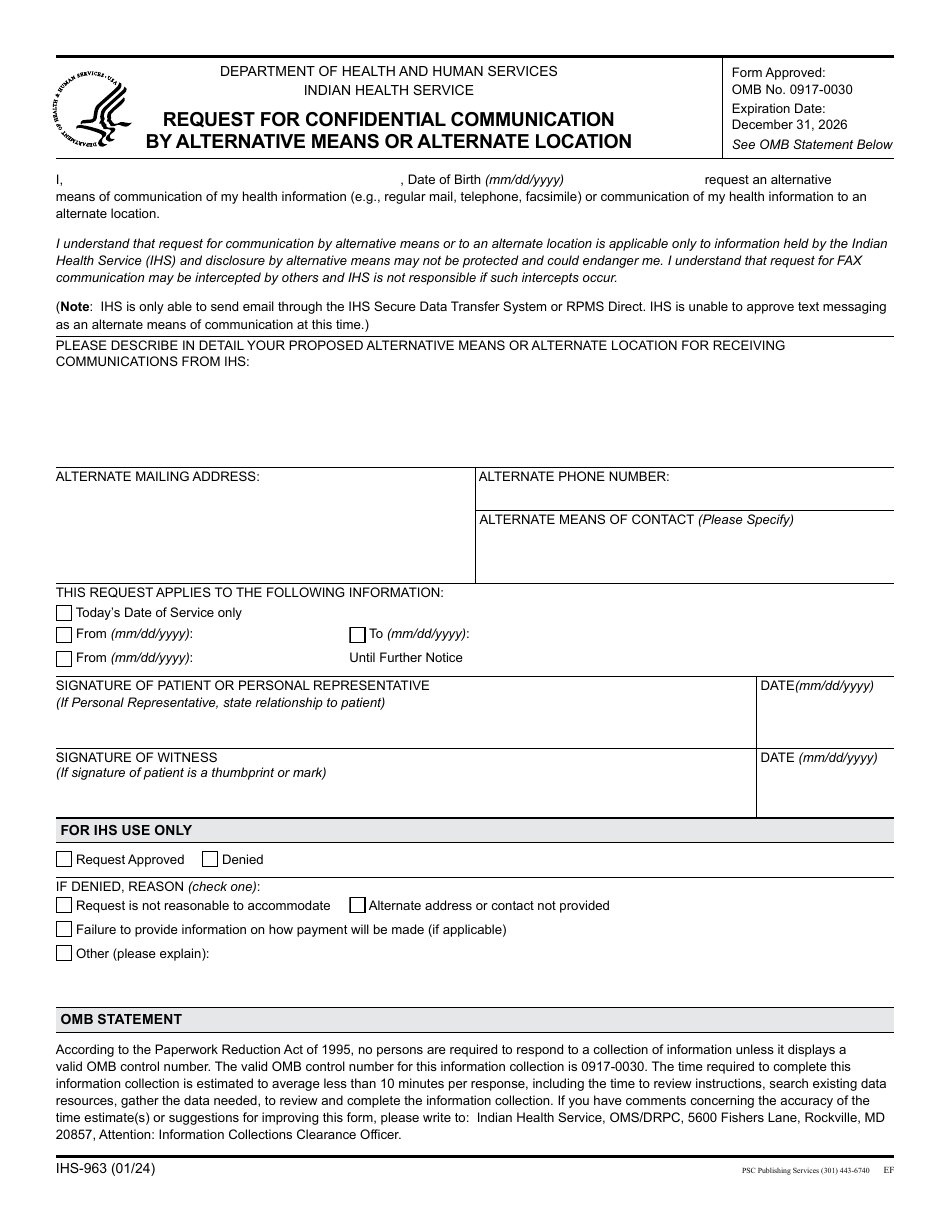Form IHS-963 Request for Confidential Communication by Alternative Means or Alternate Location, Page 1