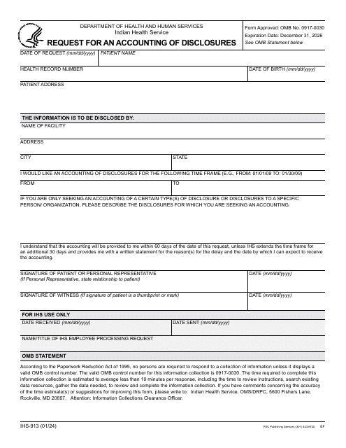 Form IHS-913 Request for an Accounting of Disclosures