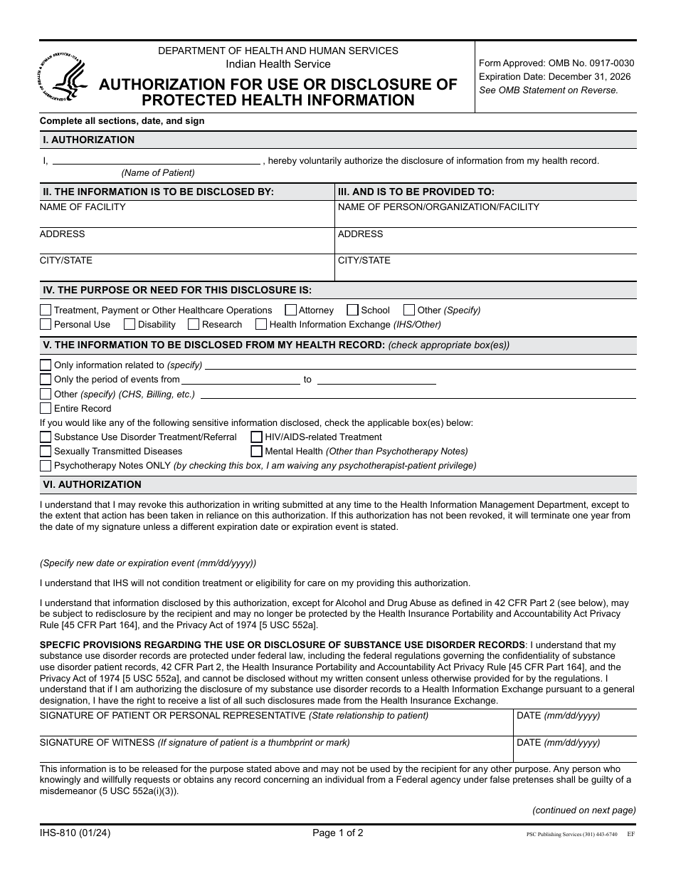 Form IHS-810 Authorization for Use or Disclosure of Protected Health Information, Page 1