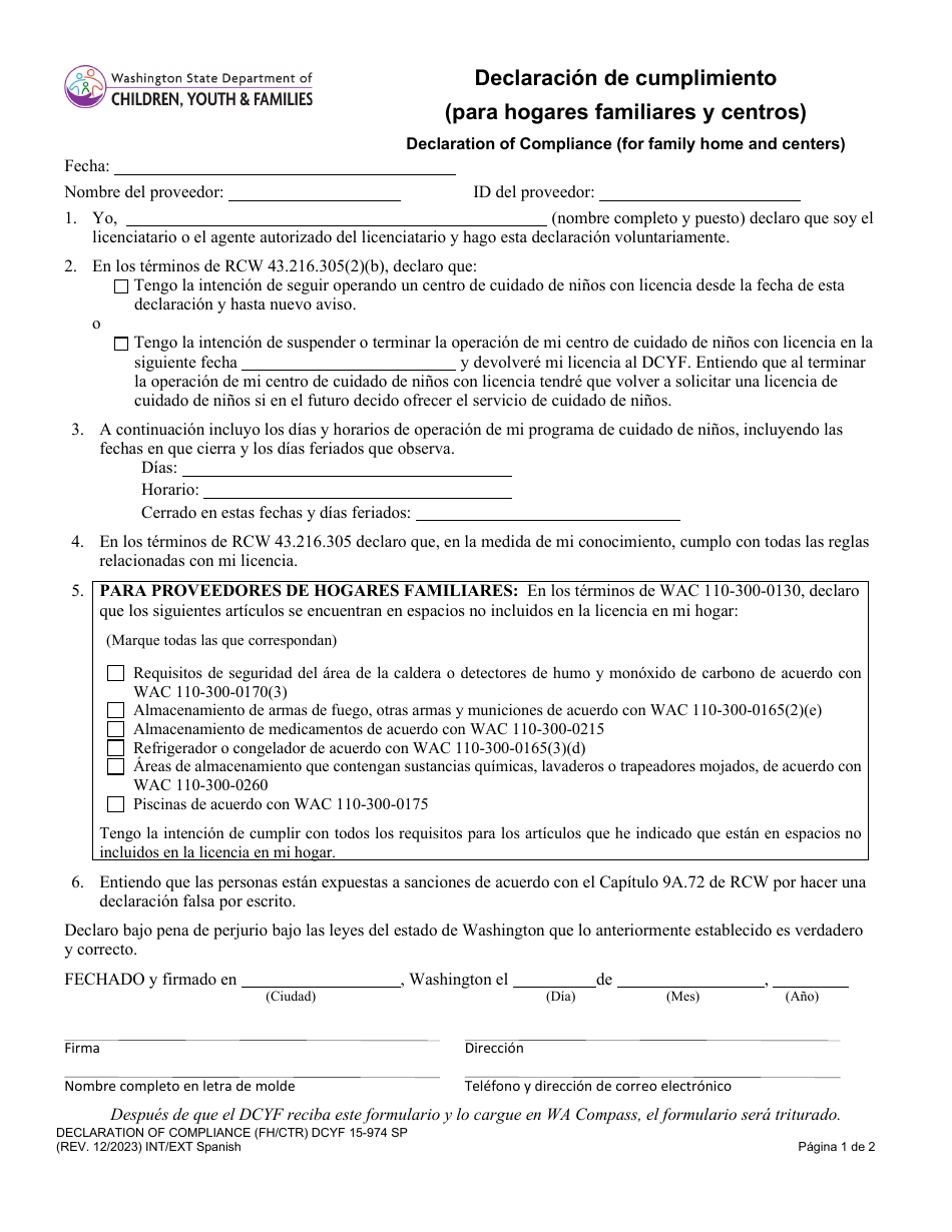 DCYF Formulario 15-974 Declaracion De Cumplimiento (Para Hogares Familiares Y Centros) - Washington (Spanish), Page 1