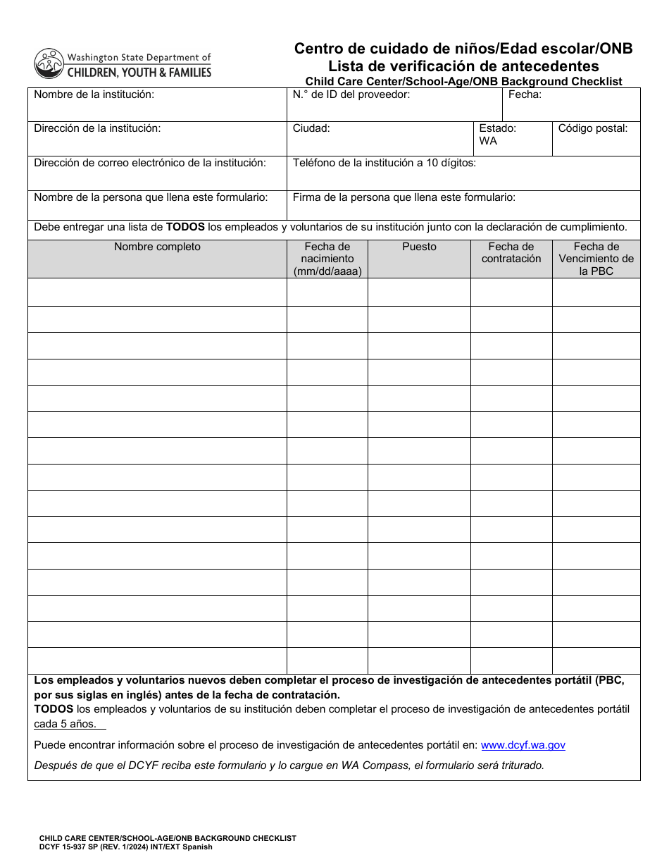 DCYF Formulario 15-937 Centro De Cuidado De Ninos / Edad Escolar / Onb Lista De Verificacion De Antecedentes - Washington (Spanish), Page 1