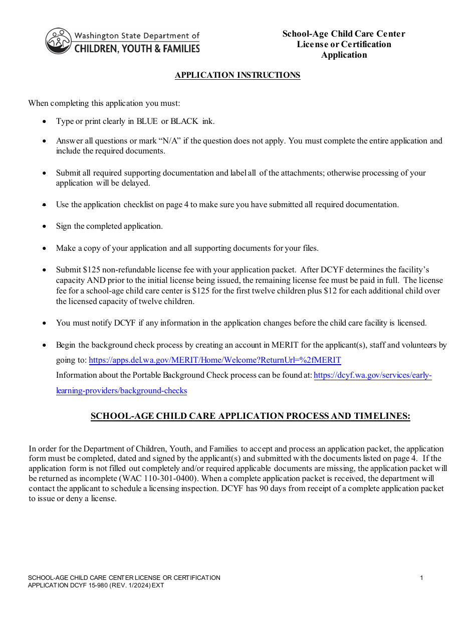 DCYF Form 15-980 School-Age Child Care Center License or Certification Application - Washington, Page 1