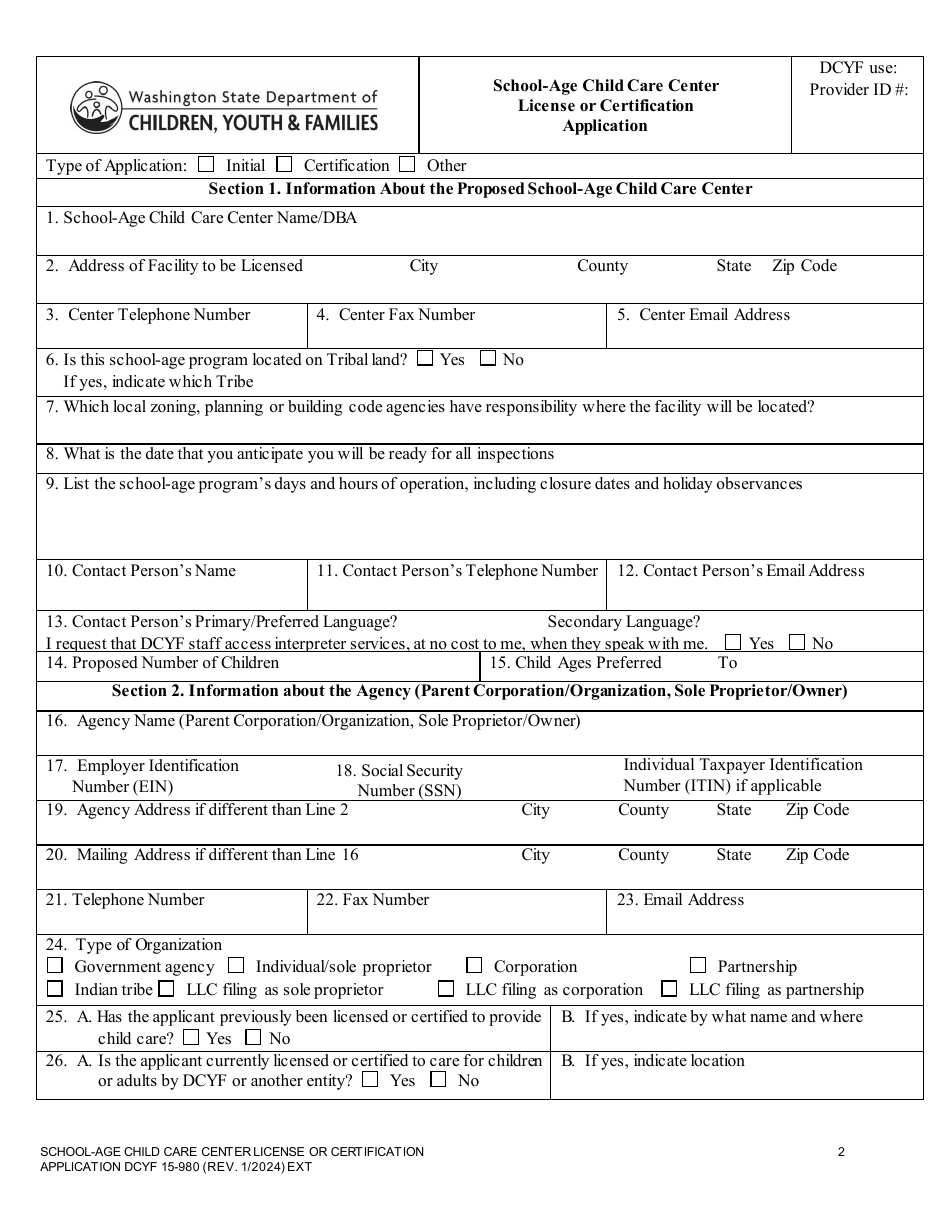 DCYF Form 15-980 School-Age Child Care Center License or Certification Application - Washington, Page 2