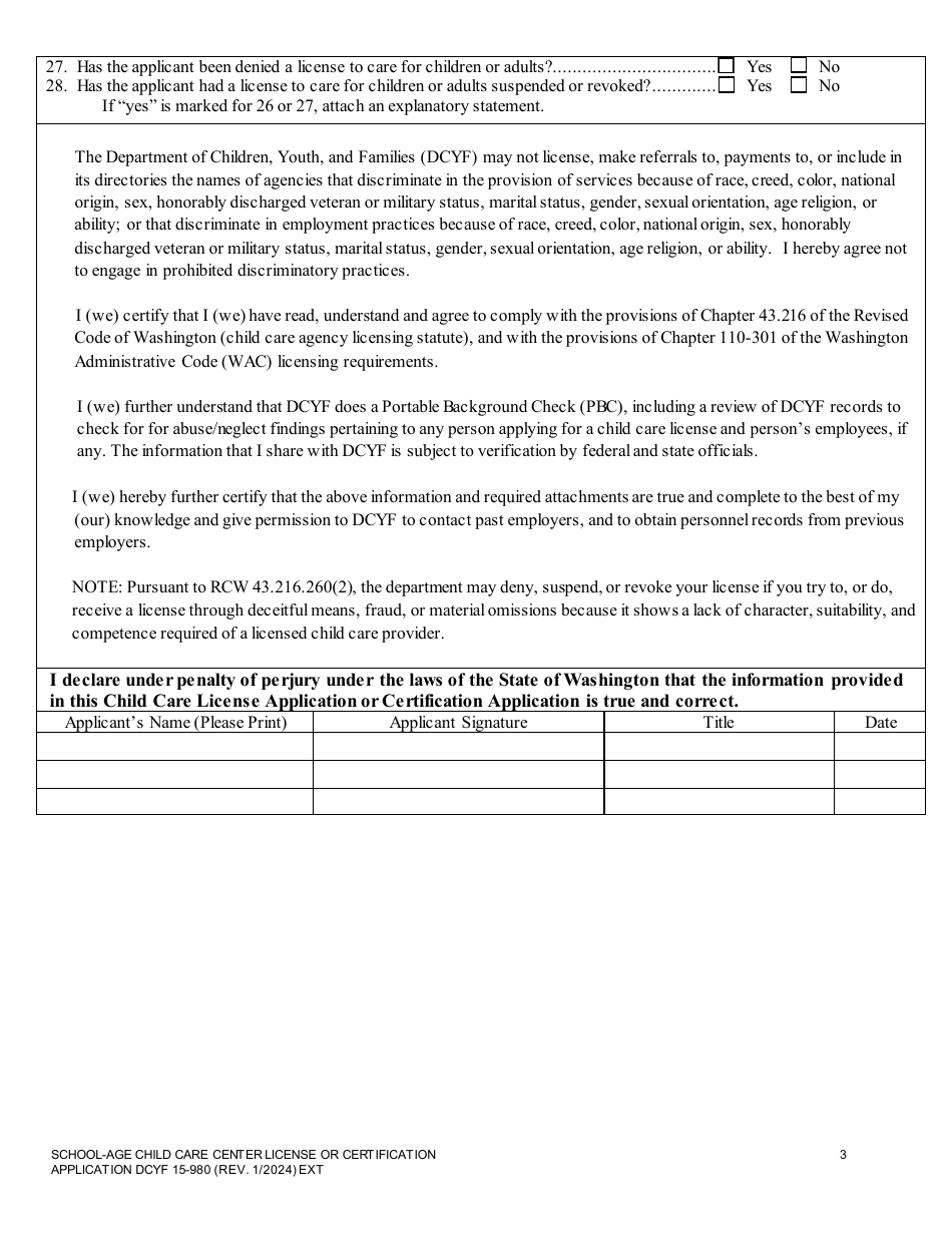 DCYF Form 15-980 School-Age Child Care Center License or Certification Application - Washington, Page 3