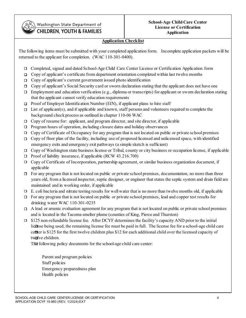 DCYF Form 15-980 School-Age Child Care Center License or Certification Application - Washington, Page 4