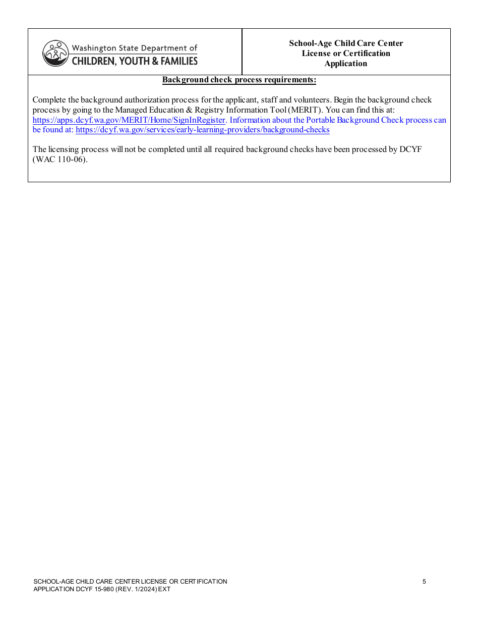 DCYF Form 15-980 School-Age Child Care Center License or Certification Application - Washington, Page 5