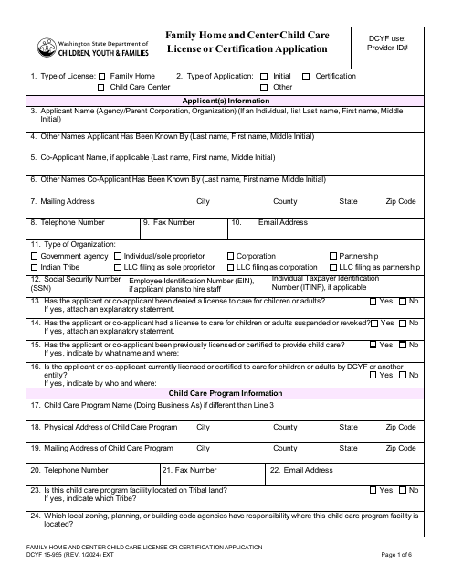 DCYF Form 15-955 Family Home and Centerchild Care License or Certification Application - Washington