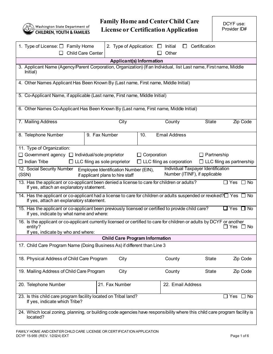 DCYF Form 15-955 Family Home and Centerchild Care License or Certification Application - Washington, Page 1