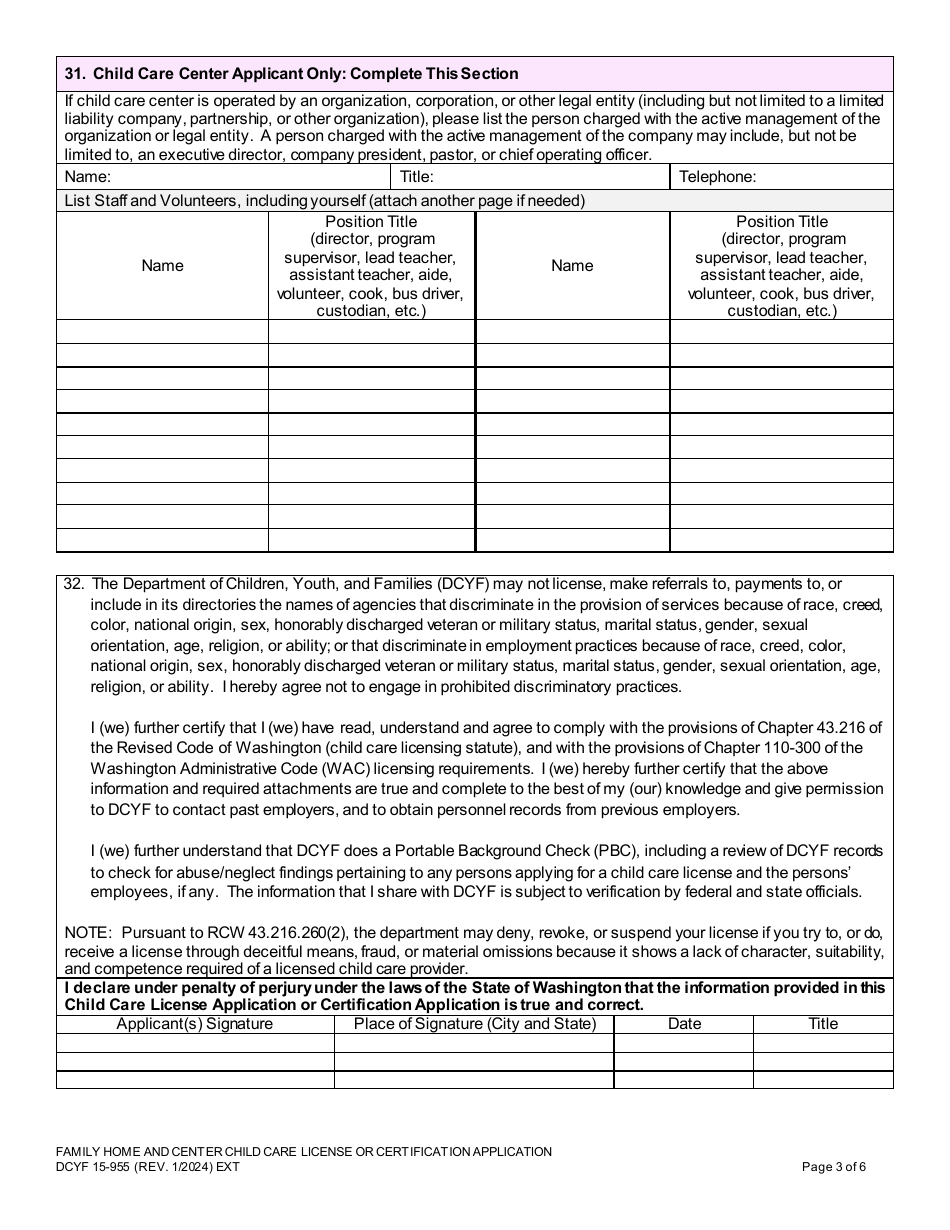 DCYF Form 15-955 Family Home and Centerchild Care License or Certification Application - Washington, Page 3