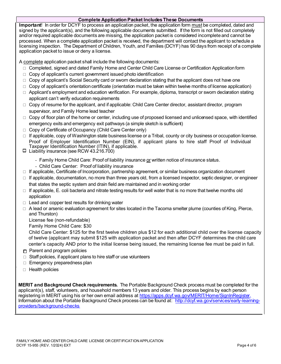 DCYF Form 15-955 Family Home and Centerchild Care License or Certification Application - Washington, Page 4