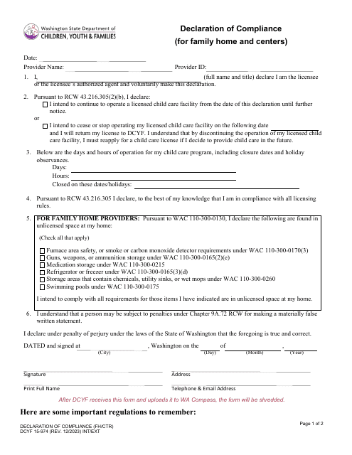 DCYF Form 15-974 Declaration of Compliance (For Family Home and Centers) - Washington
