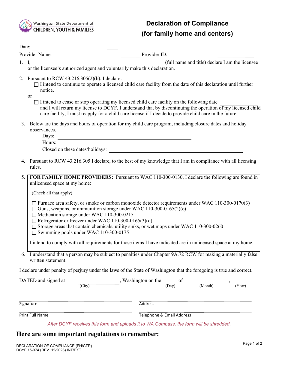 DCYF Form 15-974 Declaration of Compliance (For Family Home and Centers) - Washington, Page 1