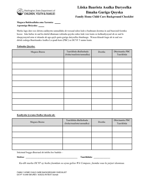 DCYF Form 15-949 Family Home Child Care Background Checklist - Washington (Somali)