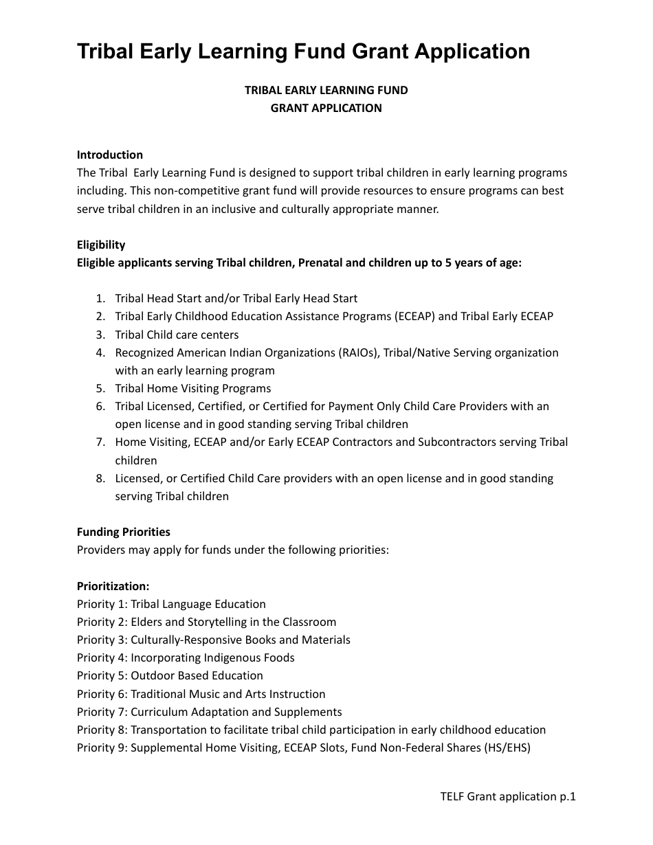Tribal Early Learning Fund Grant Application - Washington, Page 1