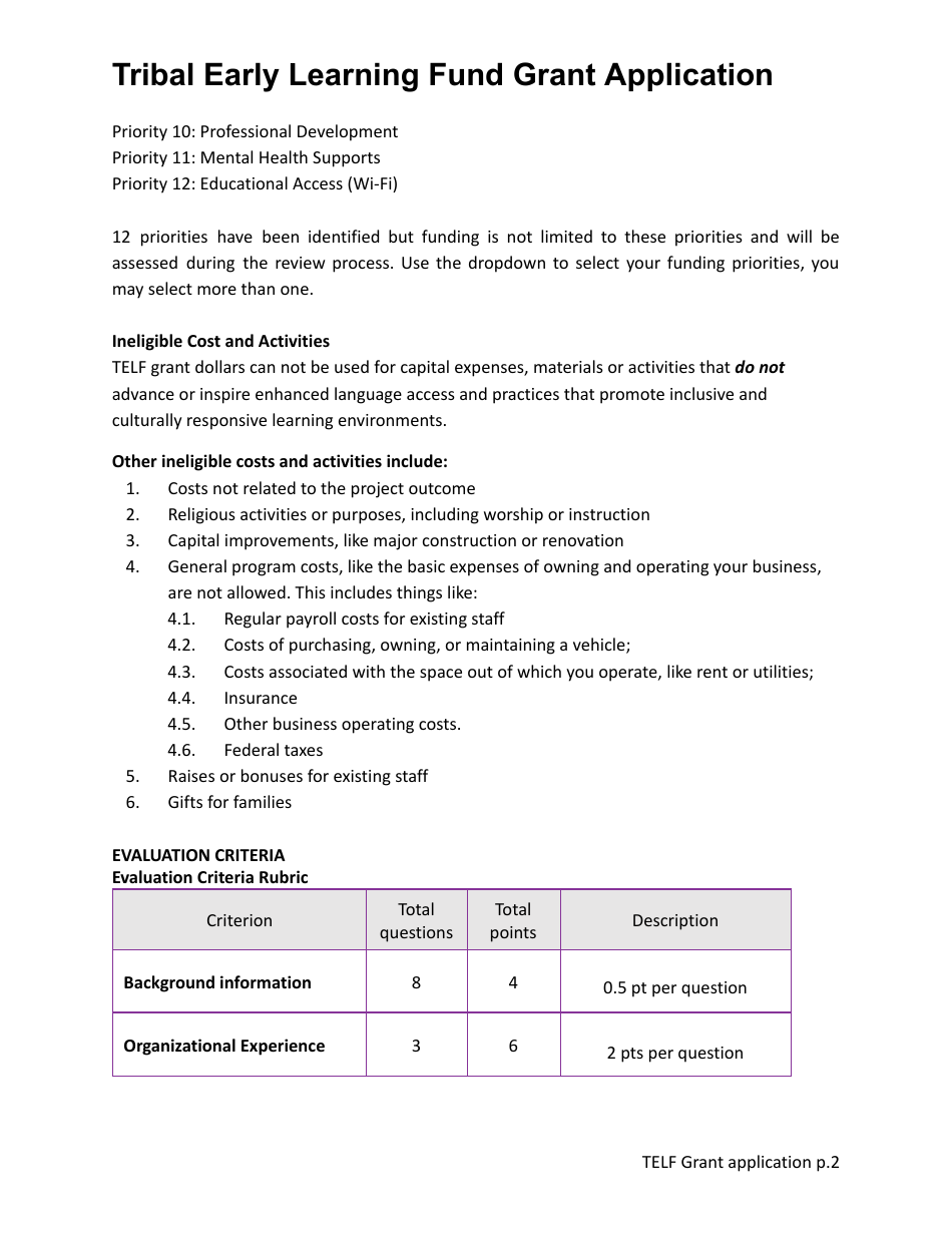 Tribal Early Learning Fund Grant Application - Washington, Page 2