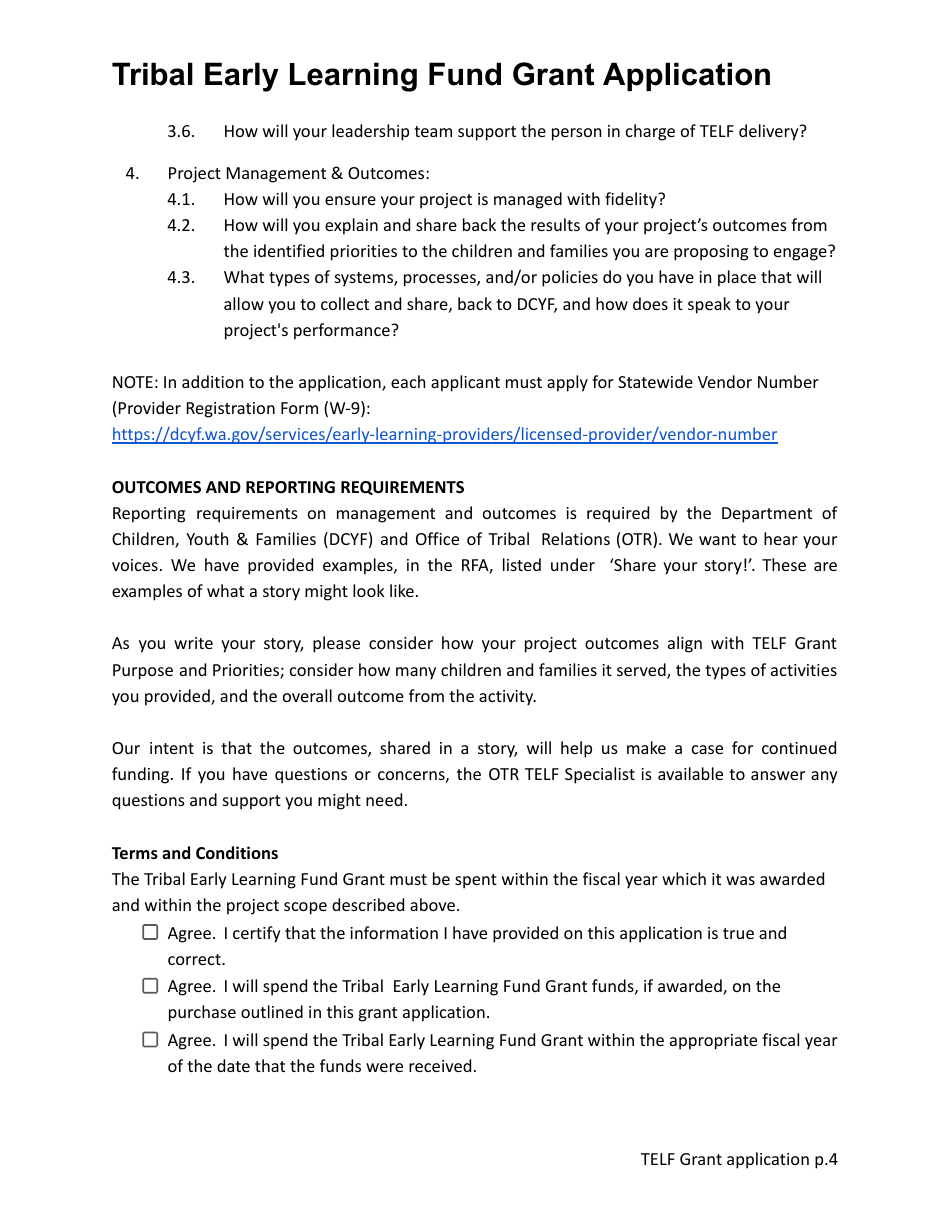 Tribal Early Learning Fund Grant Application - Washington, Page 4