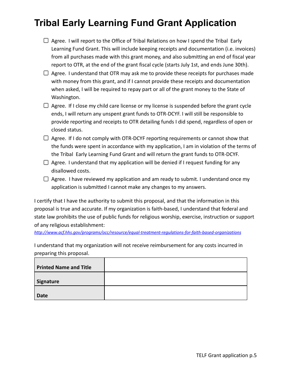 Tribal Early Learning Fund Grant Application - Washington, Page 5