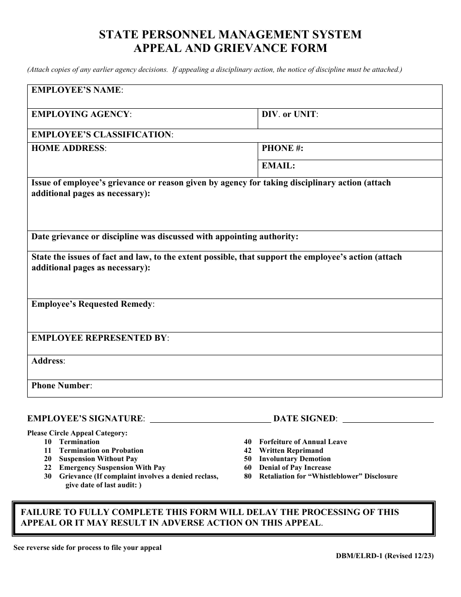 Form DBM / ELRD-1 State Personnel Management System Appeal and Grievance Form - Maryland, Page 1