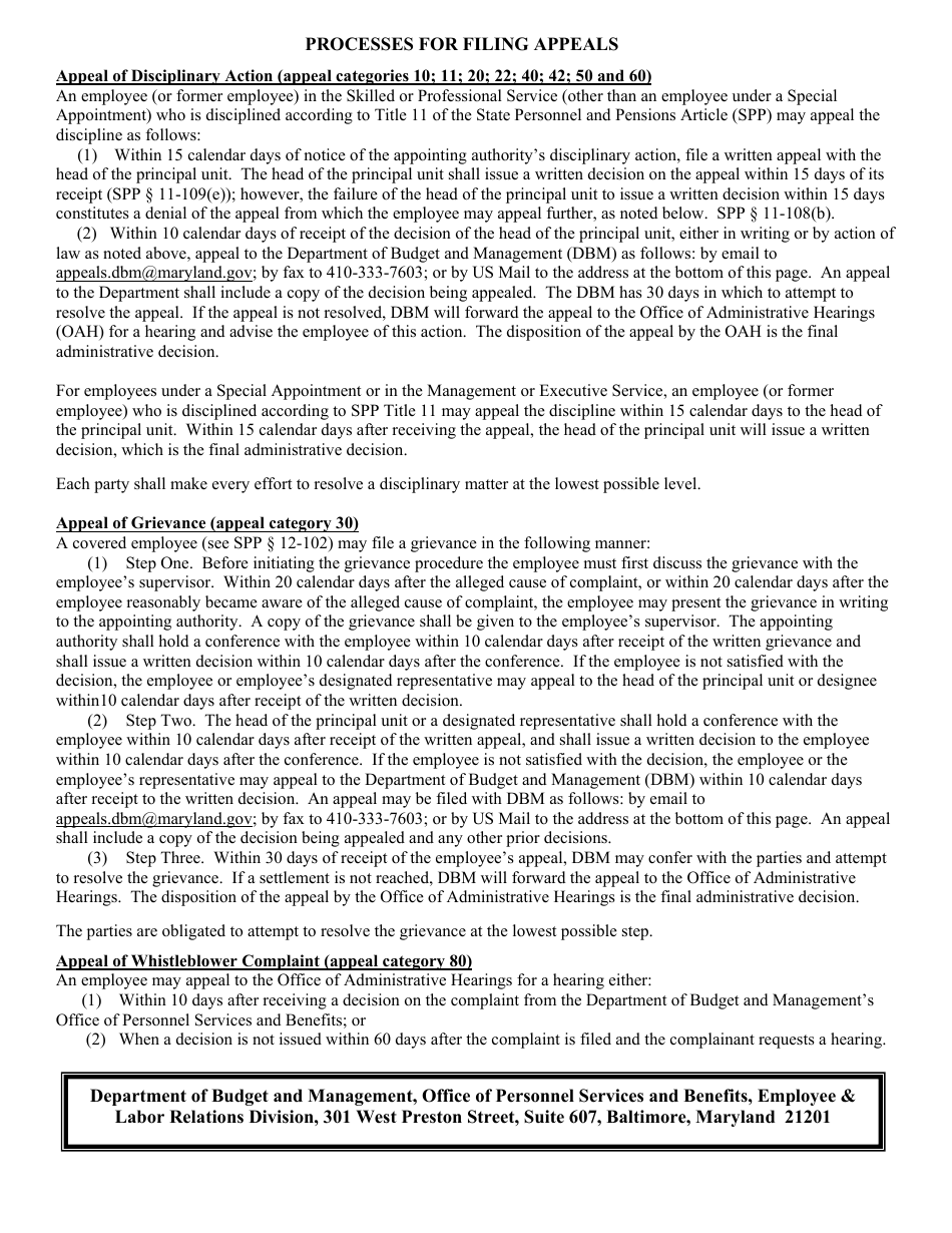 Form DBM / ELRD-1 State Personnel Management System Appeal and Grievance Form - Maryland, Page 2