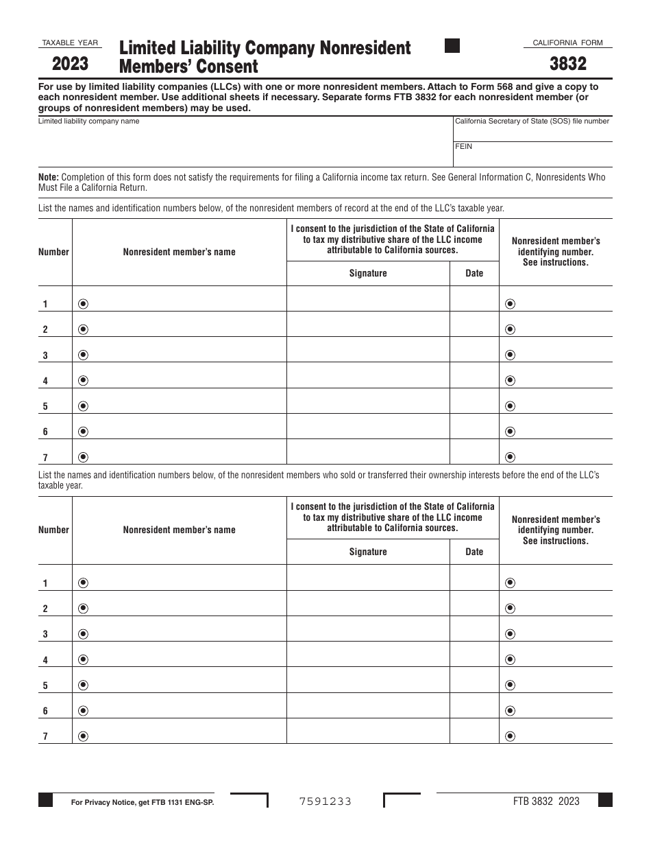 Form FTB3832 Limited Liability Company Nonresident Members Consent - California, Page 1