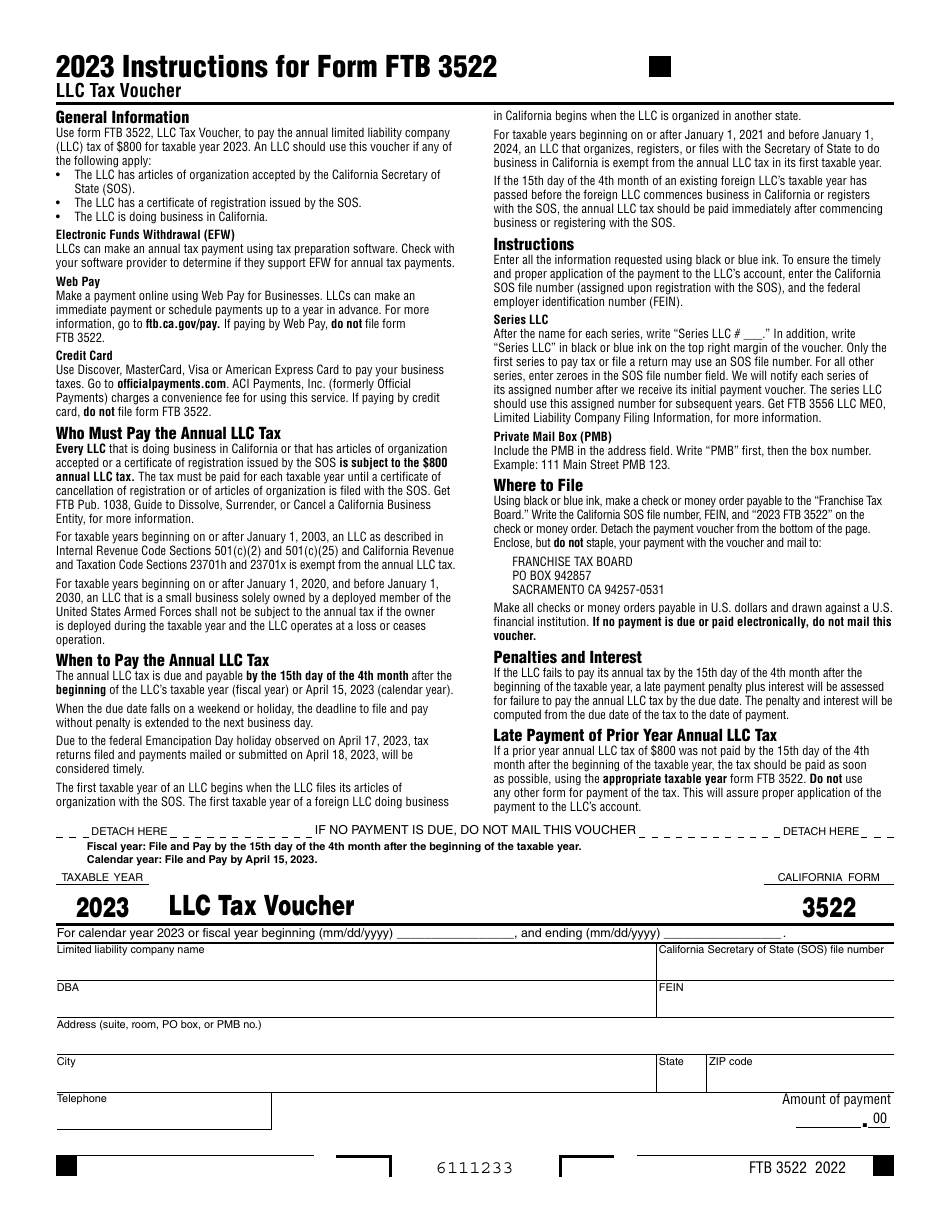 Form FTB3522 LLC Tax Voucher - California, Page 1