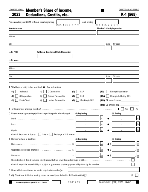 Form 568 Schedule K-1 2023 Printable Pdf