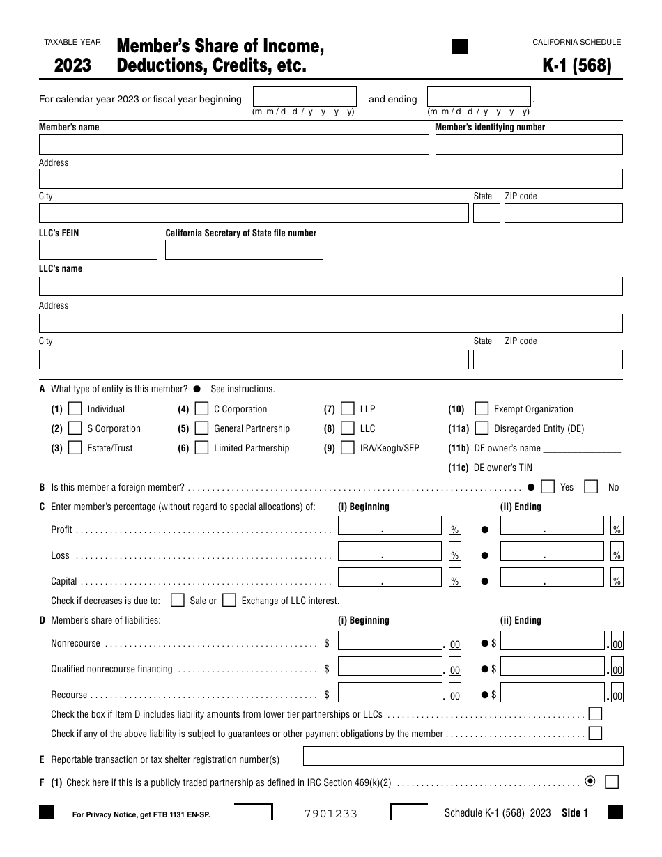 Form 568 Schedule K-1 Members Share of Income, Deductions, Credits, Etc. - California, Page 1