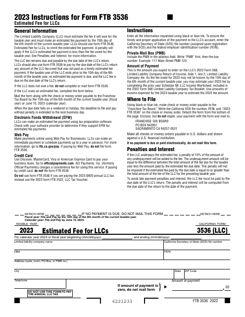 Form FTB3536 Estimated Fee for Llcs - California, 2023