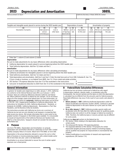 Form FTB3885L Depreciation and Amortization - California, 2023