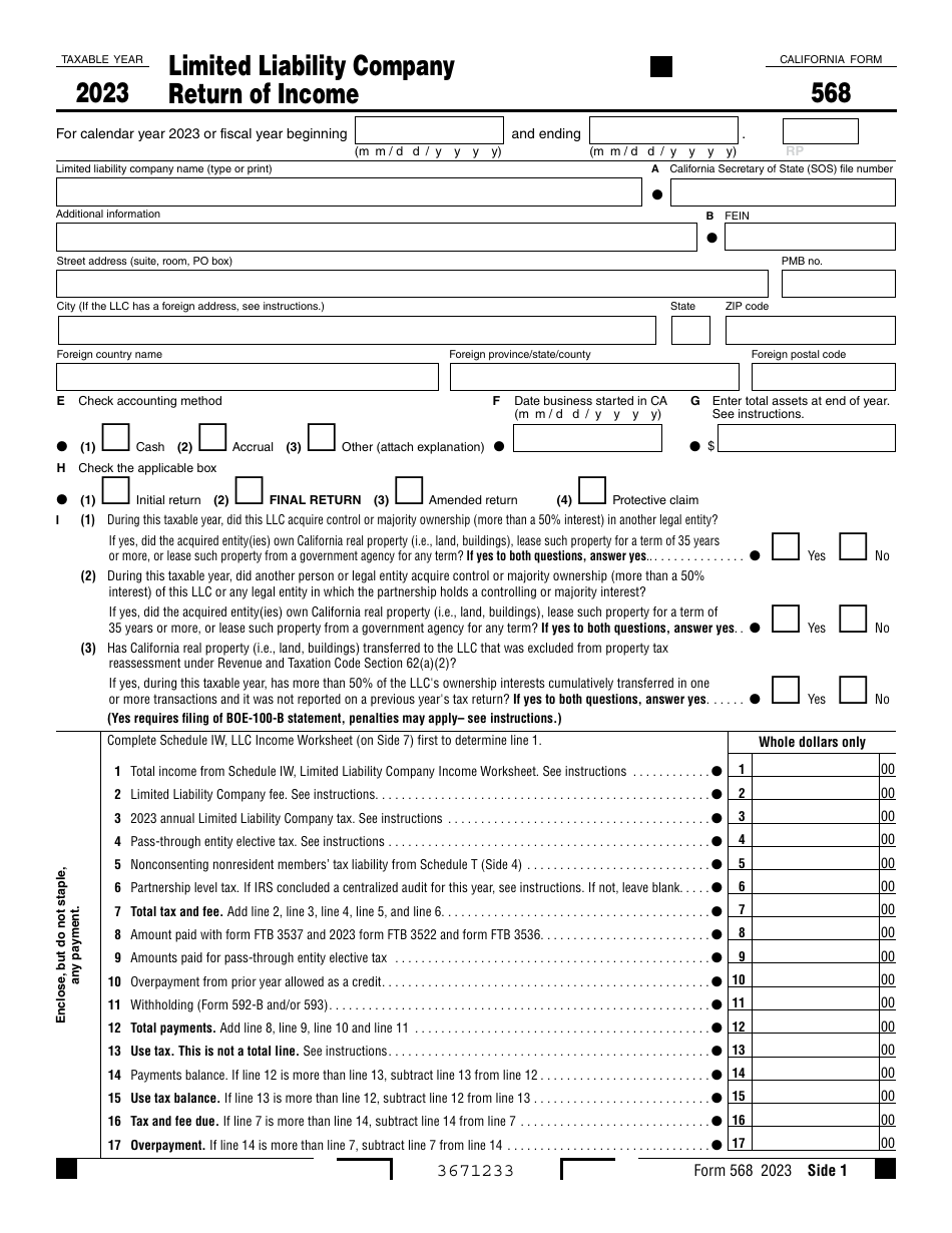 Form 568 Limited Liability Company Return of Income - California, Page 1