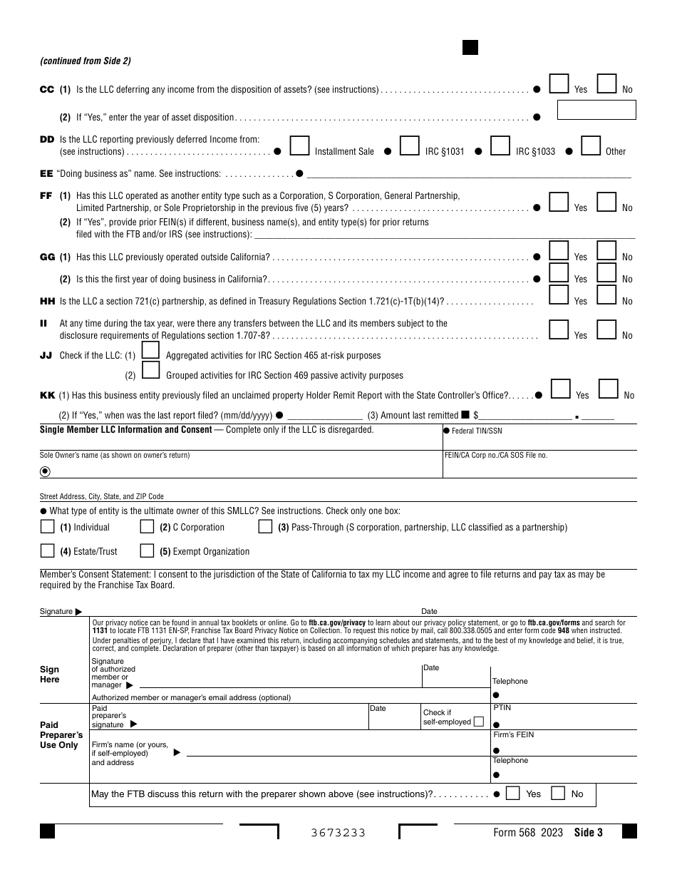 Form 568 Download Fillable PDF or Fill Online Limited Liability Company