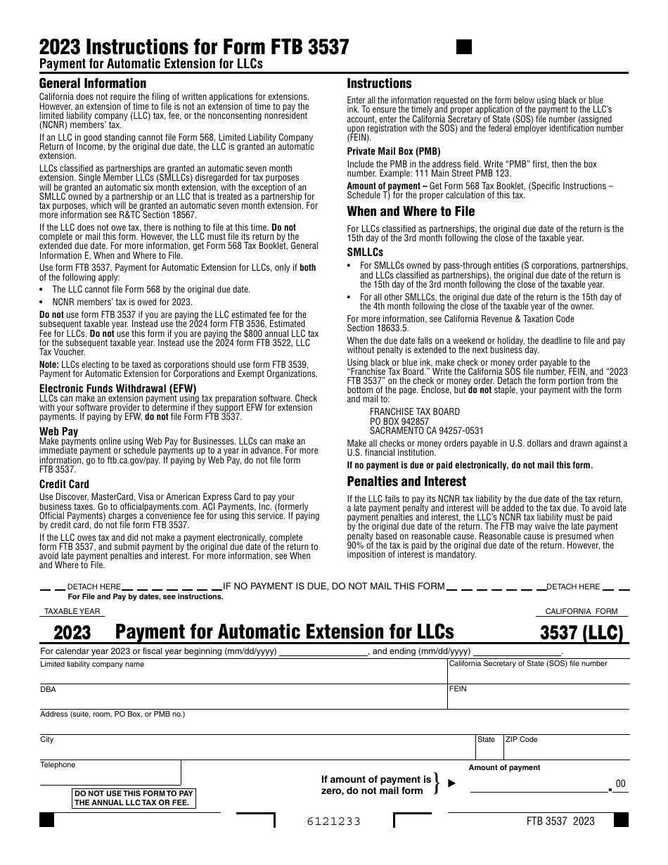 Form FTB3537 Payment for Automatic Extension for Llcs - California, Page 1