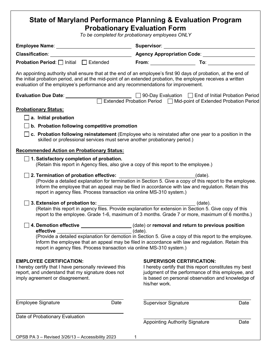 Form OPSB PA3 Probationary Evaluation Form - Performance Planning  Evaluation Program - Maryland, Page 1