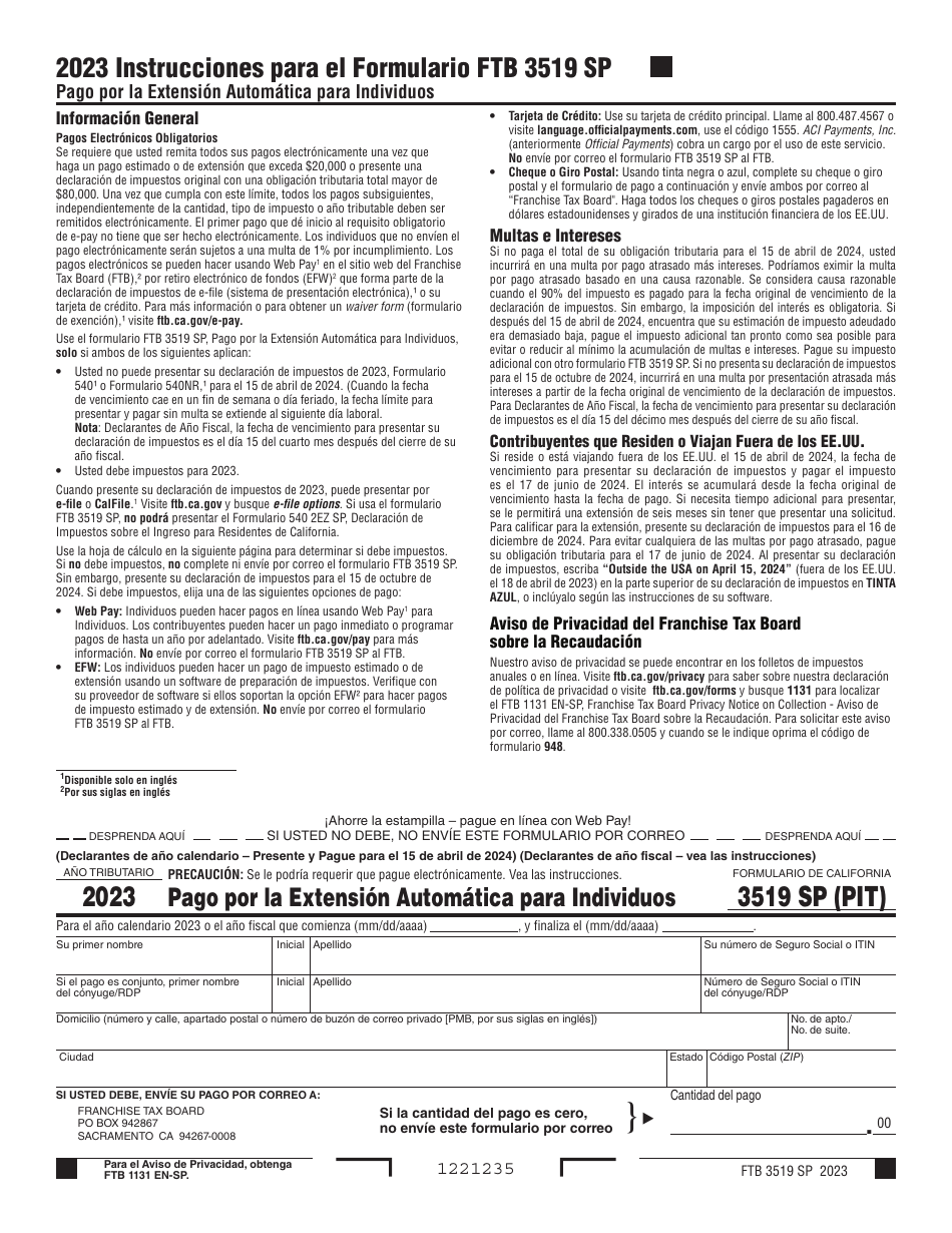 Formulario FTB3519 SP Pago Por La Extension Automatica Para Individuos - California (Spanish), Page 1
