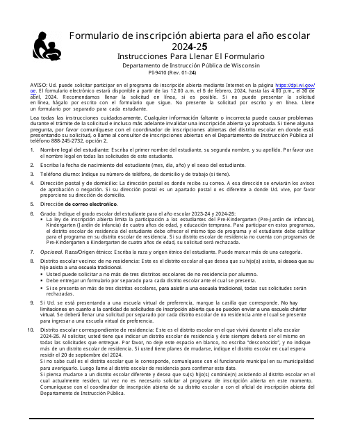 Formulario PI-9410 Solicitud De Inscripcion Al Programa De Inscripcion Abierta De Tiempo Completo De Las Escuelas Publicas - Wisconsin (Spanish), 2025