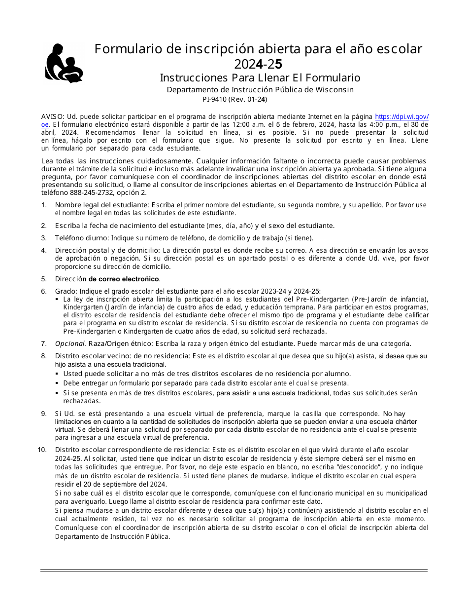 Formulario PI-9410 Solicitud De Inscripcion Al Programa De Inscripcion Abierta De Tiempo Completo De Las Escuelas Publicas - Wisconsin (Spanish), Page 1