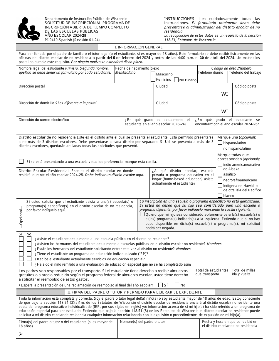 Formulario PI-9410 Solicitud De Inscripcion Al Programa De Inscripcion Abierta De Tiempo Completo De Las Escuelas Publicas - Wisconsin (Spanish), Page 3