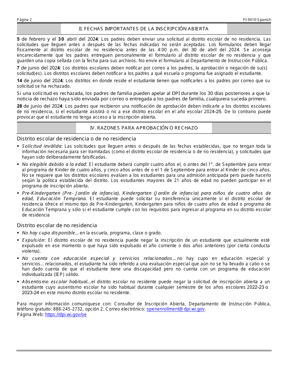 Formulario PI-9410 Solicitud De Inscripcion Al Programa De Inscripcion Abierta De Tiempo Completo De Las Escuelas Publicas - Wisconsin (Spanish), Page 4