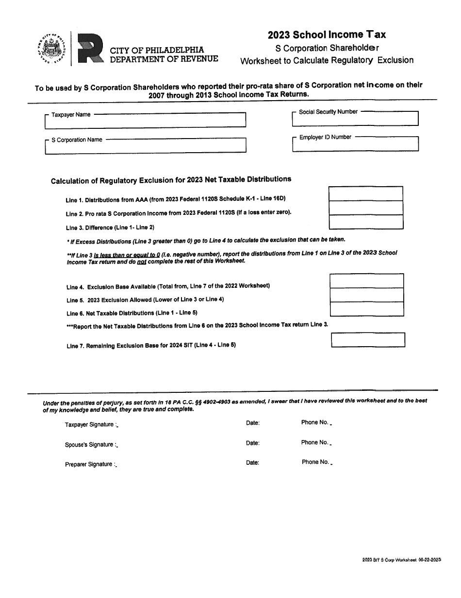 School Income Tax S Corporation Shareholder Worksheet to Calculate Regulatory Exclusion - City of Philadelphia, Pennsylvania, Page 1