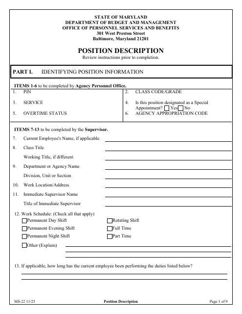 Form MS-22 Position Description - Maryland
