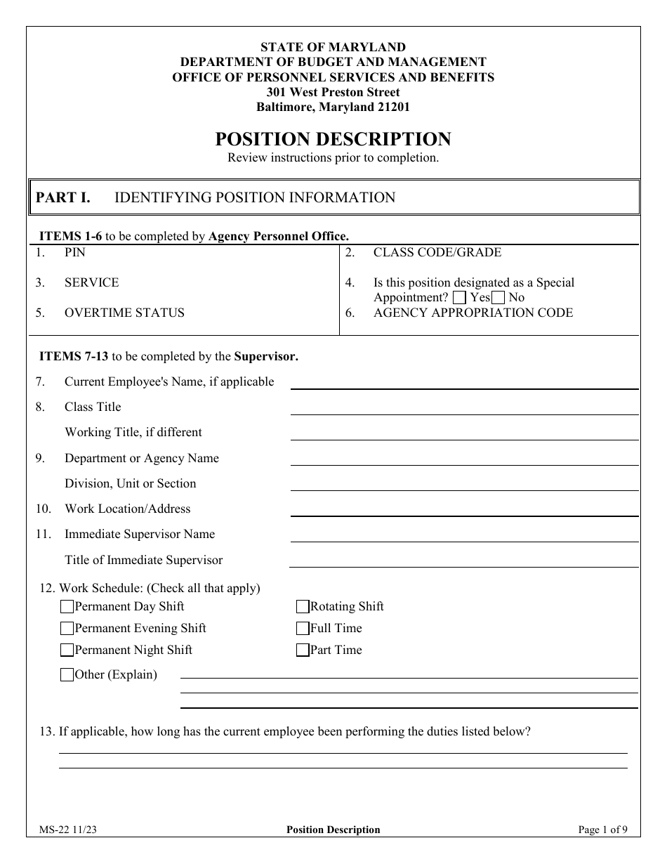 Form MS-22 Position Description - Maryland, Page 1