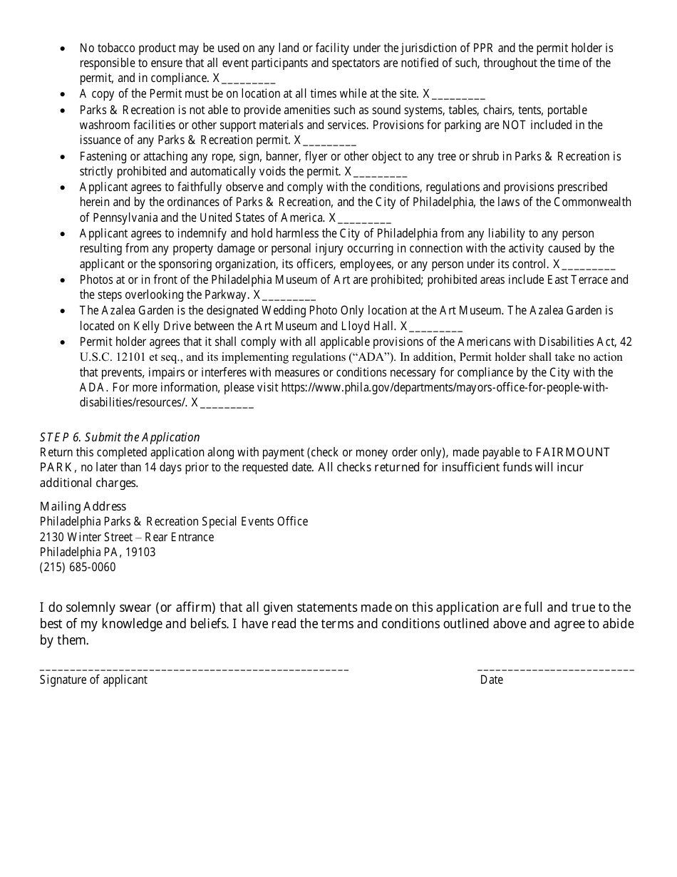 Wedding Ceremony  Wedding / Engagement Photos Permit Application - City of Philadelphia, Pennsylvania, Page 2